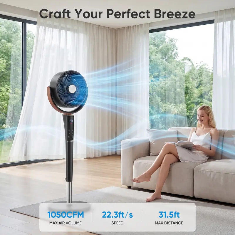 Quiet Bedroom Pedestal Fan with Remote, 20dB DC Motor, 1050 CFM Air Circulator, 15 Speeds, 5 Modes, 120° Oscillation, 12H Timer, LED Light & Adjustable Height