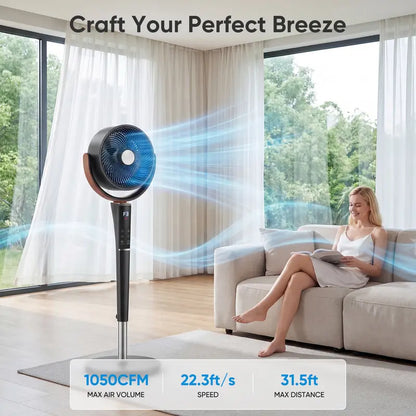 Quiet Bedroom Pedestal Fan with Remote, 20dB DC Motor, 1050 CFM Air Circulator, 15 Speeds, 5 Modes, 120° Oscillation, 12H Timer, LED Light & Adjustable Height
