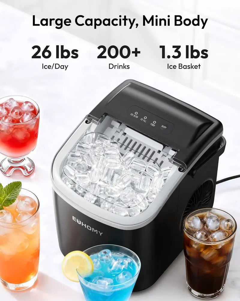Portable Countertop Ice Maker, 6-Minute Bullet Ice, 26 lb Daily Capacity, Self-Cleaning Compact Ice Machine