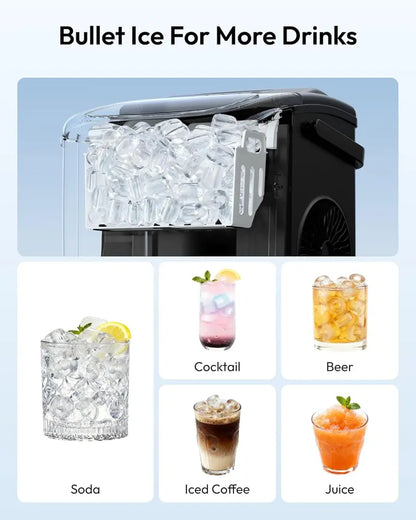Portable Countertop Ice Maker, 6-Minute Bullet Ice, 26 lb Daily Capacity, Self-Cleaning Compact Ice Machine