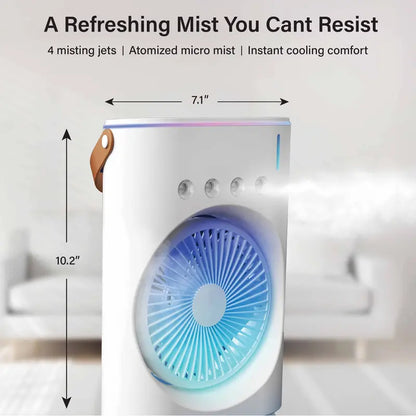 Portable Misting Fan with Remote Control, Oscillating USB-C Rechargeable Cooling Fan, Colour-Changing Light & Lightweight Design