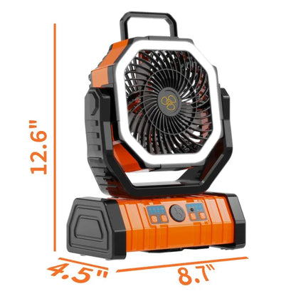 Rechargeable Camping Fan with LED Light, Portable Cordless Fan with 360° Rotating Hook, Oscillation, Battery Power & Multi-Functional Outdoor Use