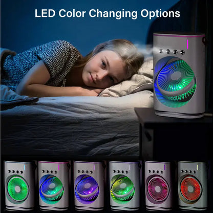 Portable Misting Fan with Remote Control, Oscillating USB-C Rechargeable Cooling Fan, Colour-Changing Light & Lightweight Design