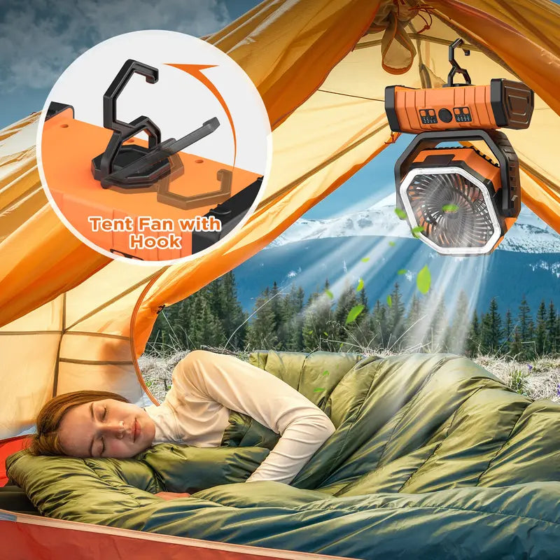 Rechargeable Camping Fan with LED Light, Portable Cordless Fan with 360° Rotating Hook, Oscillation, Battery Power & Multi-Functional Outdoor Use