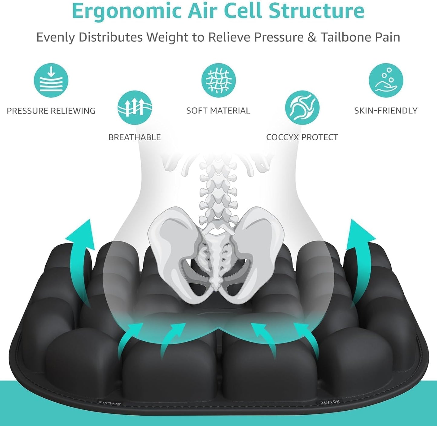 Sondor Upgrade Inflatable Travel Seat Cushion for Airplane - Portable Air Pad with Built-in Pump for Long Flights & Car Rides - Ergonomic Tailbone Pain Relief for Office Chair, Wheelchair, Stadium