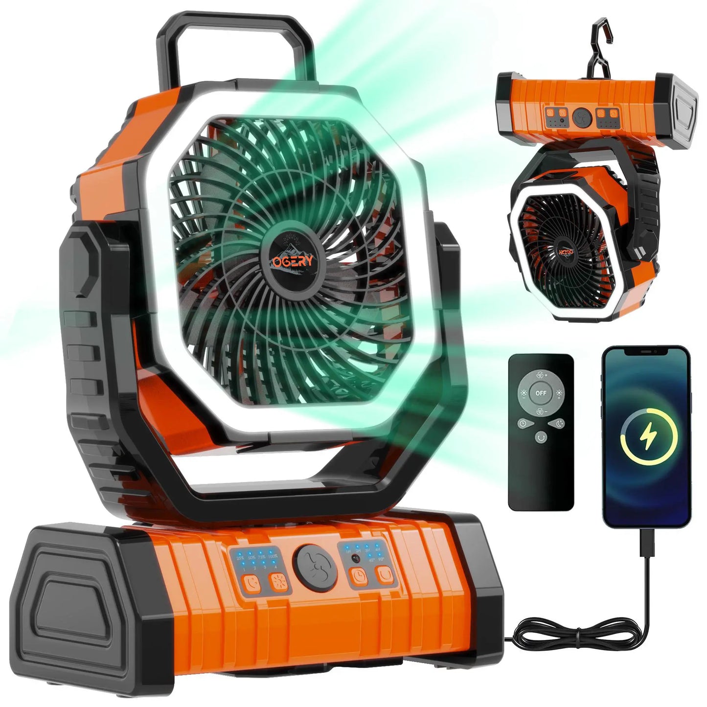 Rechargeable Camping Fan with LED Light, Portable Cordless Fan with 360° Rotating Hook, Oscillation, Battery Power & Multi-Functional Outdoor Use