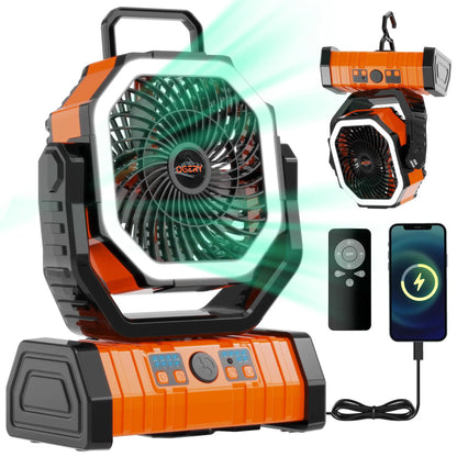 Rechargeable Camping Fan with LED Light, Portable Cordless Fan with 360° Rotating Hook, Oscillation, Battery Power & Multi-Functional Outdoor Use