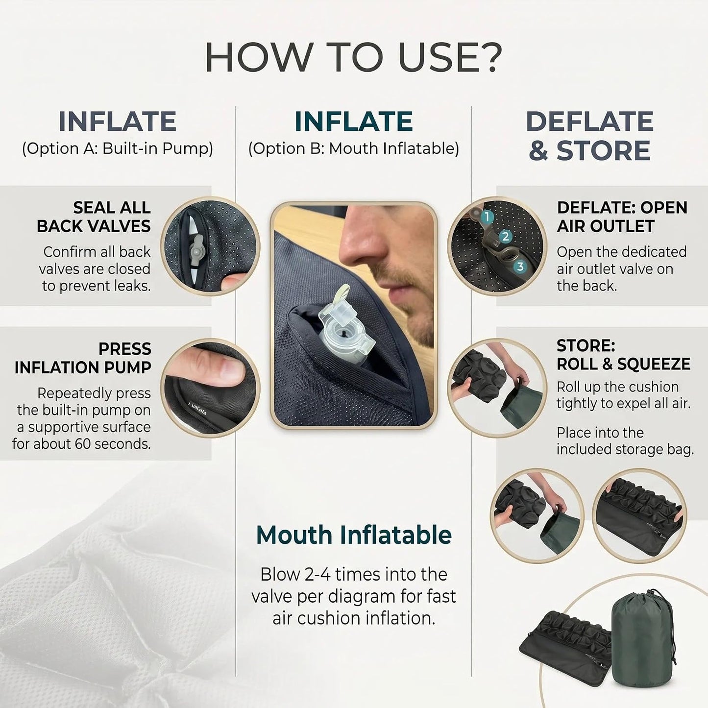 Sondor Upgrade Inflatable Travel Seat Cushion for Airplane - Portable Air Pad with Built-in Pump for Long Flights & Car Rides - Ergonomic Tailbone Pain Relief for Office Chair, Wheelchair, Stadium