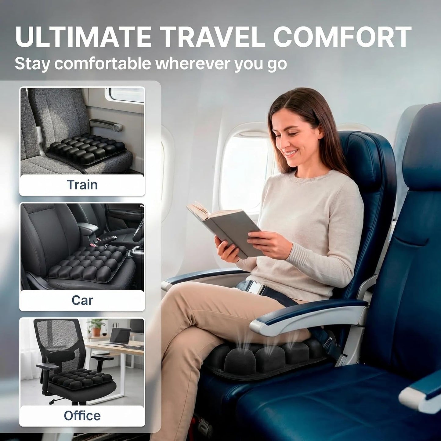 Sondor Upgrade Inflatable Travel Seat Cushion for Airplane - Portable Air Pad with Built-in Pump for Long Flights & Car Rides - Ergonomic Tailbone Pain Relief for Office Chair, Wheelchair, Stadium