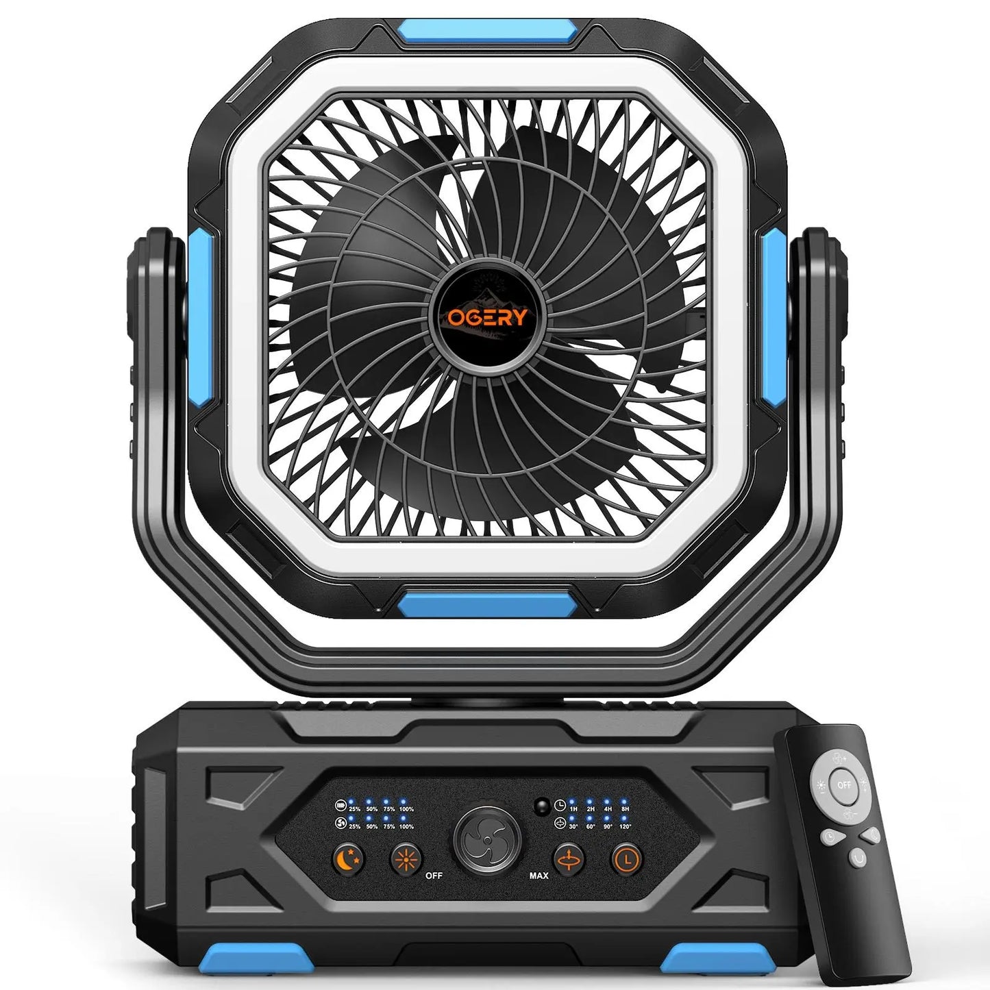 Rechargeable Camping Fan with LED Light, Portable Cordless Fan with 360° Rotating Hook, Oscillation, Battery Power & Multi-Functional Outdoor Use