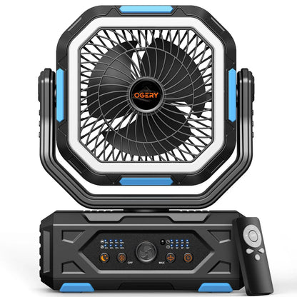 Rechargeable Camping Fan with LED Light, Portable Cordless Fan with 360° Rotating Hook, Oscillation, Battery Power & Multi-Functional Outdoor Use