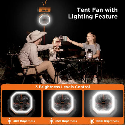 Rechargeable Camping Fan with LED Light, Portable Cordless Fan with 360° Rotating Hook, Oscillation, Battery Power & Multi-Functional Outdoor Use