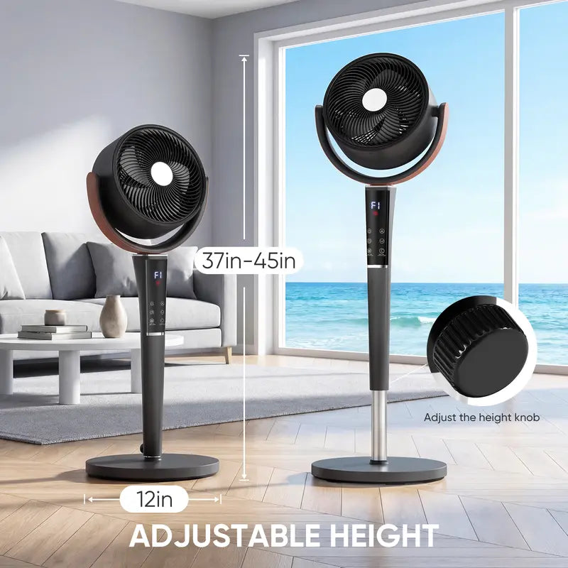 Quiet Bedroom Pedestal Fan with Remote, 20dB DC Motor, 1050 CFM Air Circulator, 15 Speeds, 5 Modes, 120° Oscillation, 12H Timer, LED Light & Adjustable Height