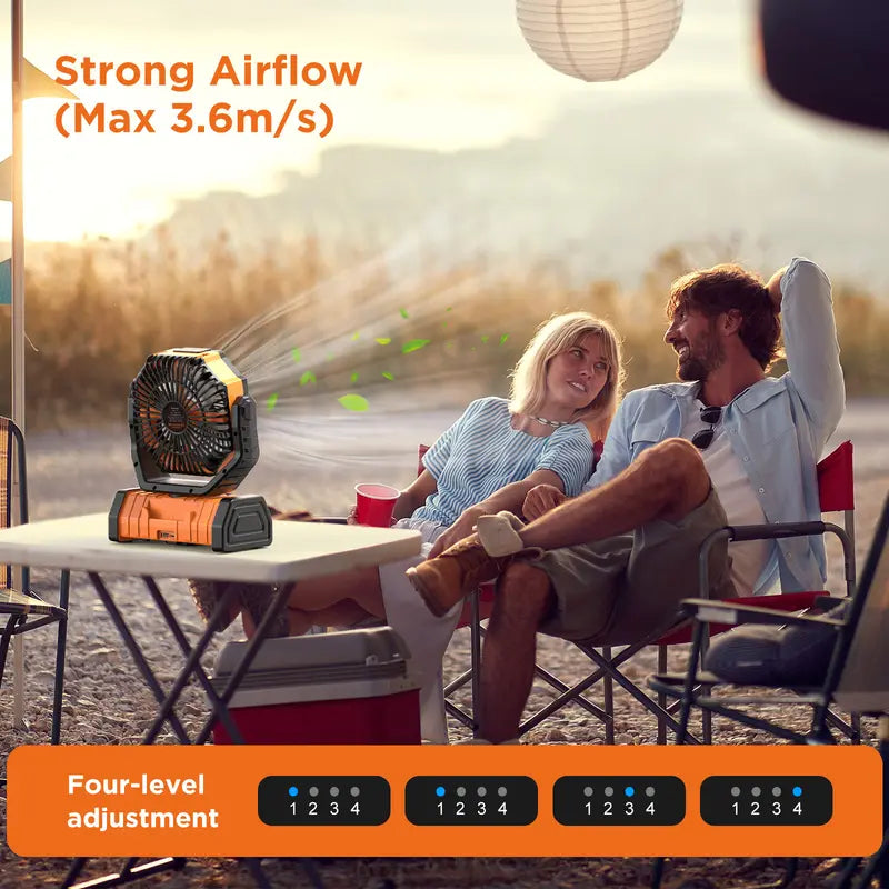 Rechargeable Camping Fan with LED Light, Portable Cordless Fan with 360° Rotating Hook, Oscillation, Battery Power & Multi-Functional Outdoor Use