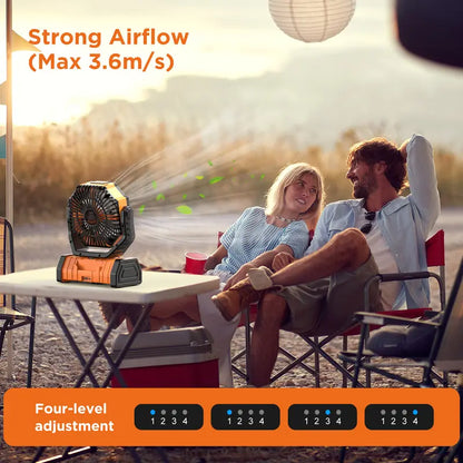 Rechargeable Camping Fan with LED Light, Portable Cordless Fan with 360° Rotating Hook, Oscillation, Battery Power & Multi-Functional Outdoor Use