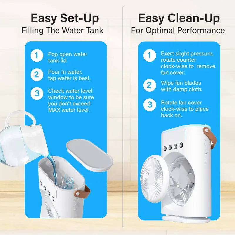 Portable Misting Fan with Remote Control, Oscillating USB-C Rechargeable Cooling Fan, Colour-Changing Light & Lightweight Design