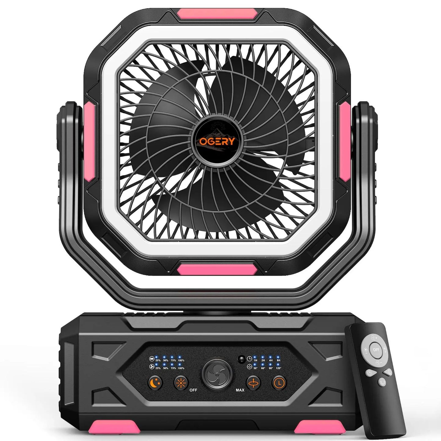 Rechargeable Camping Fan with LED Light, Portable Cordless Fan with 360° Rotating Hook, Oscillation, Battery Power & Multi-Functional Outdoor Use
