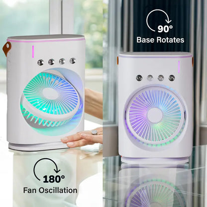Portable Misting Fan with Remote Control, Oscillating USB-C Rechargeable Cooling Fan, Colour-Changing Light & Lightweight Design