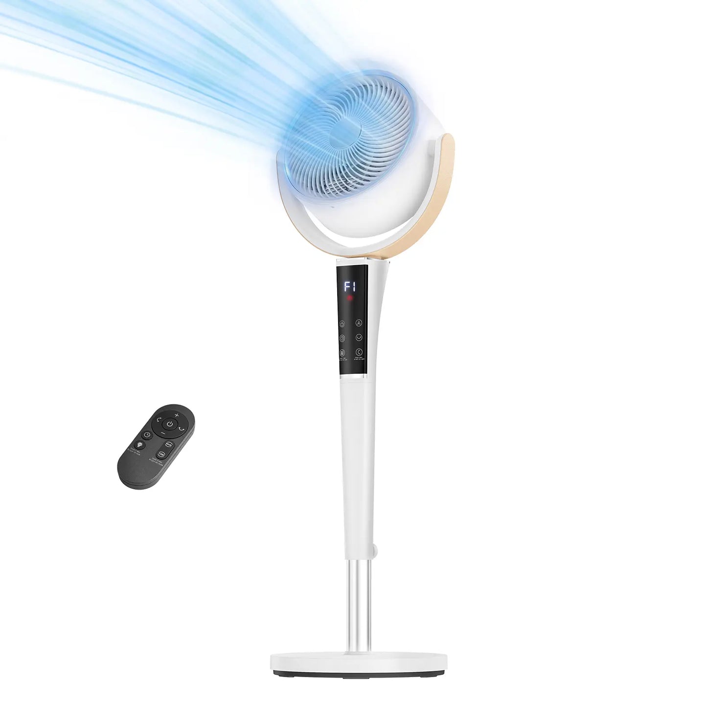 Quiet Bedroom Pedestal Fan with Remote, 20dB DC Motor, 1050 CFM Air Circulator, 15 Speeds, 5 Modes, 120° Oscillation, 12H Timer, LED Light & Adjustable Height