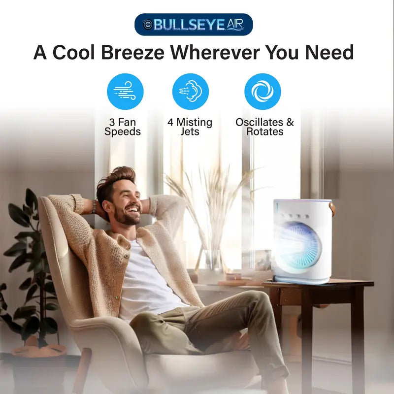 Portable Misting Fan with Remote Control, Oscillating USB-C Rechargeable Cooling Fan, Colour-Changing Light & Lightweight Design