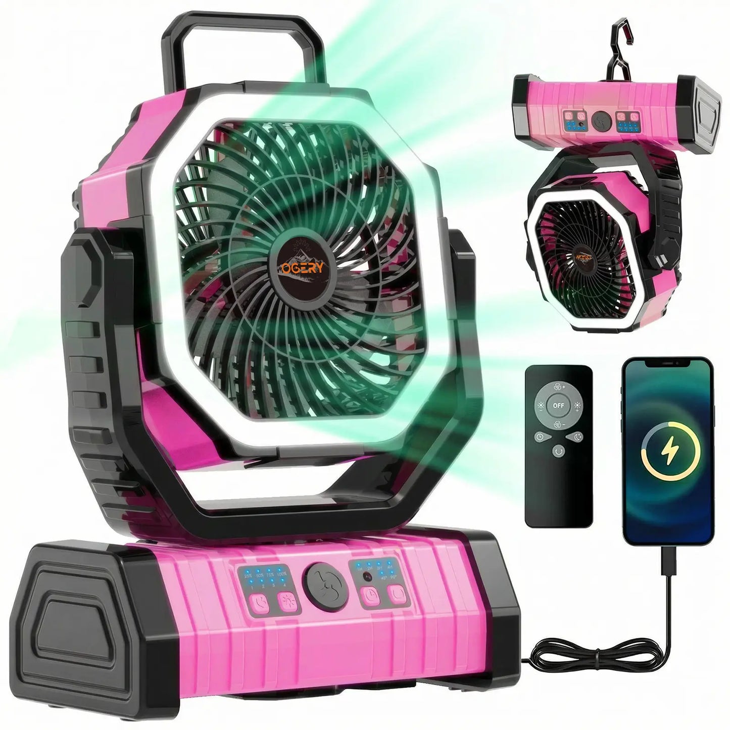 Rechargeable Camping Fan with LED Light, Portable Cordless Fan with 360° Rotating Hook, Oscillation, Battery Power & Multi-Functional Outdoor Use