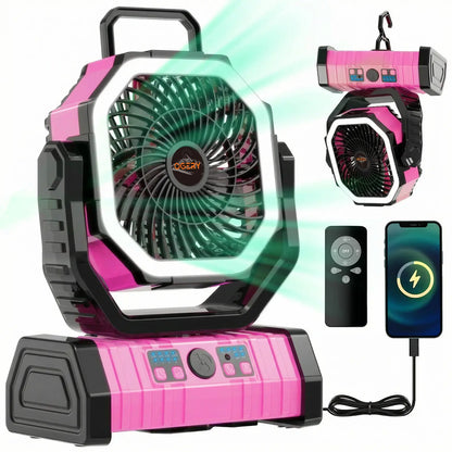 Rechargeable Camping Fan with LED Light, Portable Cordless Fan with 360° Rotating Hook, Oscillation, Battery Power & Multi-Functional Outdoor Use