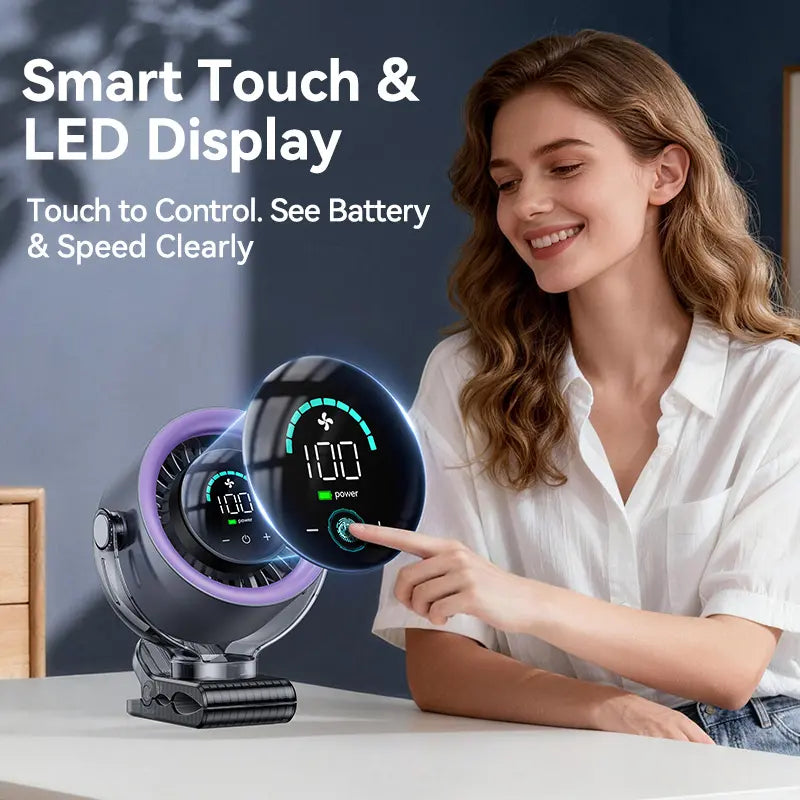 4000mAh Rechargeable Clip-On Fan, 100-Speed Touch Control, LED Display, 360° Rotation, Quiet Turbo Airflow, USB Portable Desk Fan for Stroller, Bed, Travel, Camping, Golf & Gym