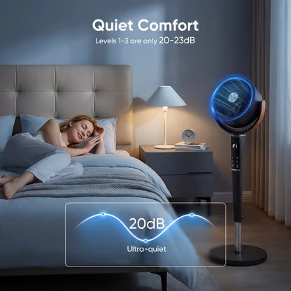 Quiet Bedroom Pedestal Fan with Remote, 20dB DC Motor, 1050 CFM Air Circulator, 15 Speeds, 5 Modes, 120° Oscillation, 12H Timer, LED Light & Adjustable Height