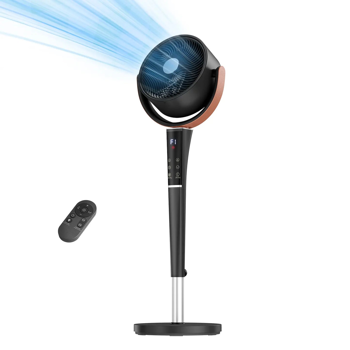 Quiet Bedroom Pedestal Fan with Remote, 20dB DC Motor, 1050 CFM Air Circulator, 15 Speeds, 5 Modes, 120° Oscillation, 12H Timer, LED Light & Adjustable Height