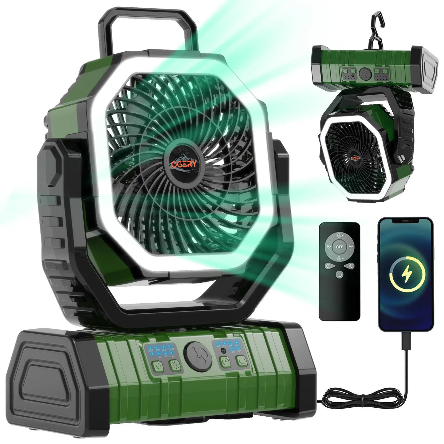 Rechargeable Camping Fan with LED Light, Portable Cordless Fan with 360° Rotating Hook, Oscillation, Battery Power & Multi-Functional Outdoor Use