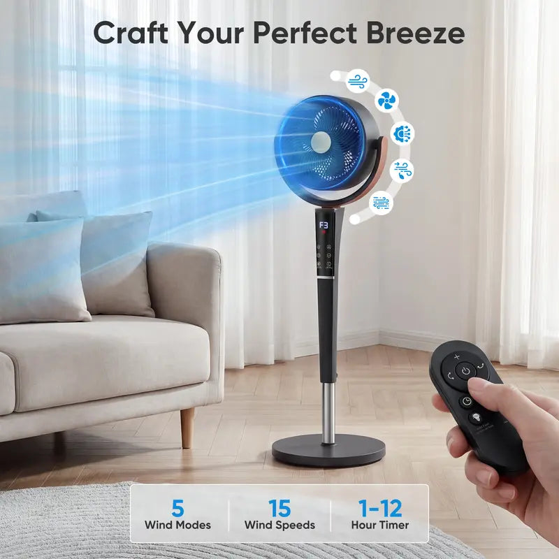 Quiet Bedroom Pedestal Fan with Remote, 20dB DC Motor, 1050 CFM Air Circulator, 15 Speeds, 5 Modes, 120° Oscillation, 12H Timer, LED Light & Adjustable Height