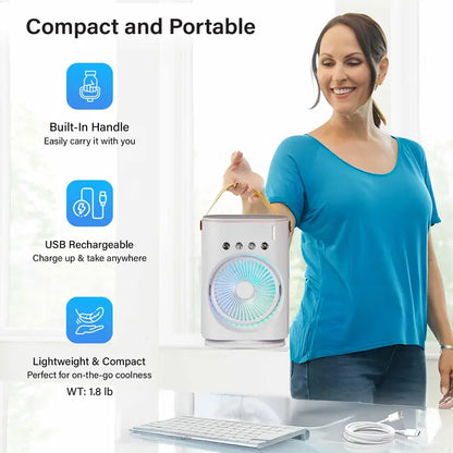 Portable Misting Fan with Remote Control, Oscillating USB-C Rechargeable Cooling Fan, Colour-Changing Light & Lightweight Design