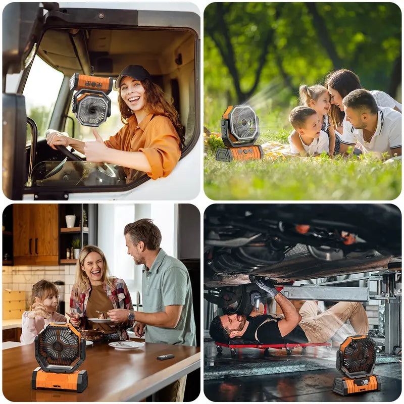 Rechargeable Camping Fan with LED Light, Portable Cordless Fan with 360° Rotating Hook, Oscillation, Battery Power & Multi-Functional Outdoor Use
