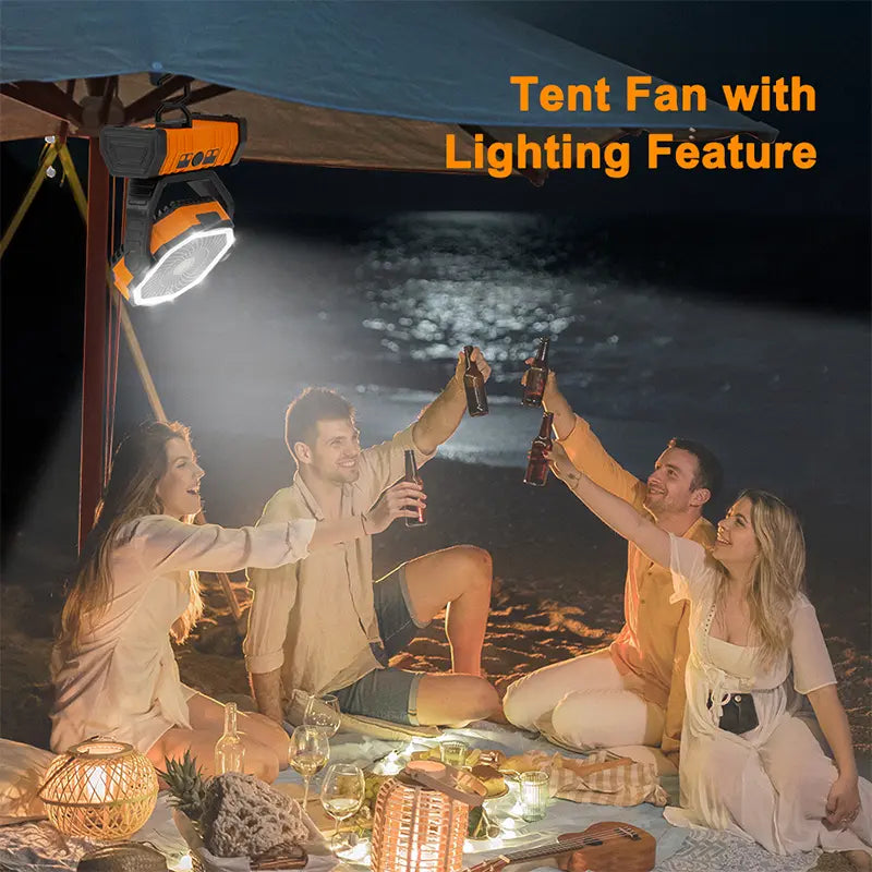 Rechargeable Camping Fan with LED Light, Portable Cordless Fan with 360° Rotating Hook, Oscillation, Battery Power & Multi-Functional Outdoor Use