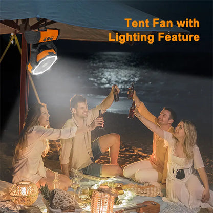 Rechargeable Camping Fan with LED Light, Portable Cordless Fan with 360° Rotating Hook, Oscillation, Battery Power & Multi-Functional Outdoor Use
